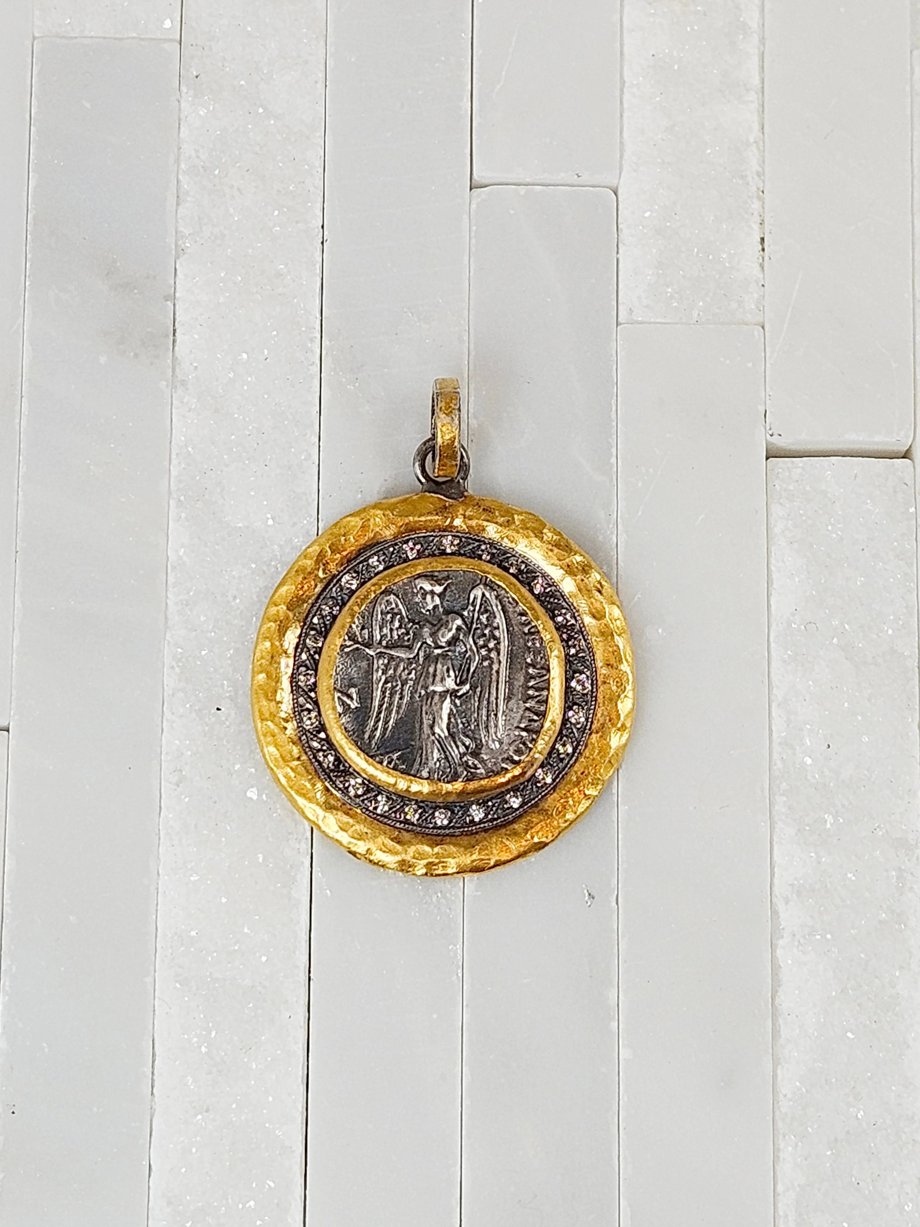 Ancient Coin Nike Deity Replica Diamond Sterling Silver 24K Yellow Gold Large Pendant