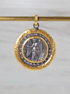 Ancient Coin Nike Deity Replica Diamond Sterling Silver 24K Yellow Gold Large Pendant