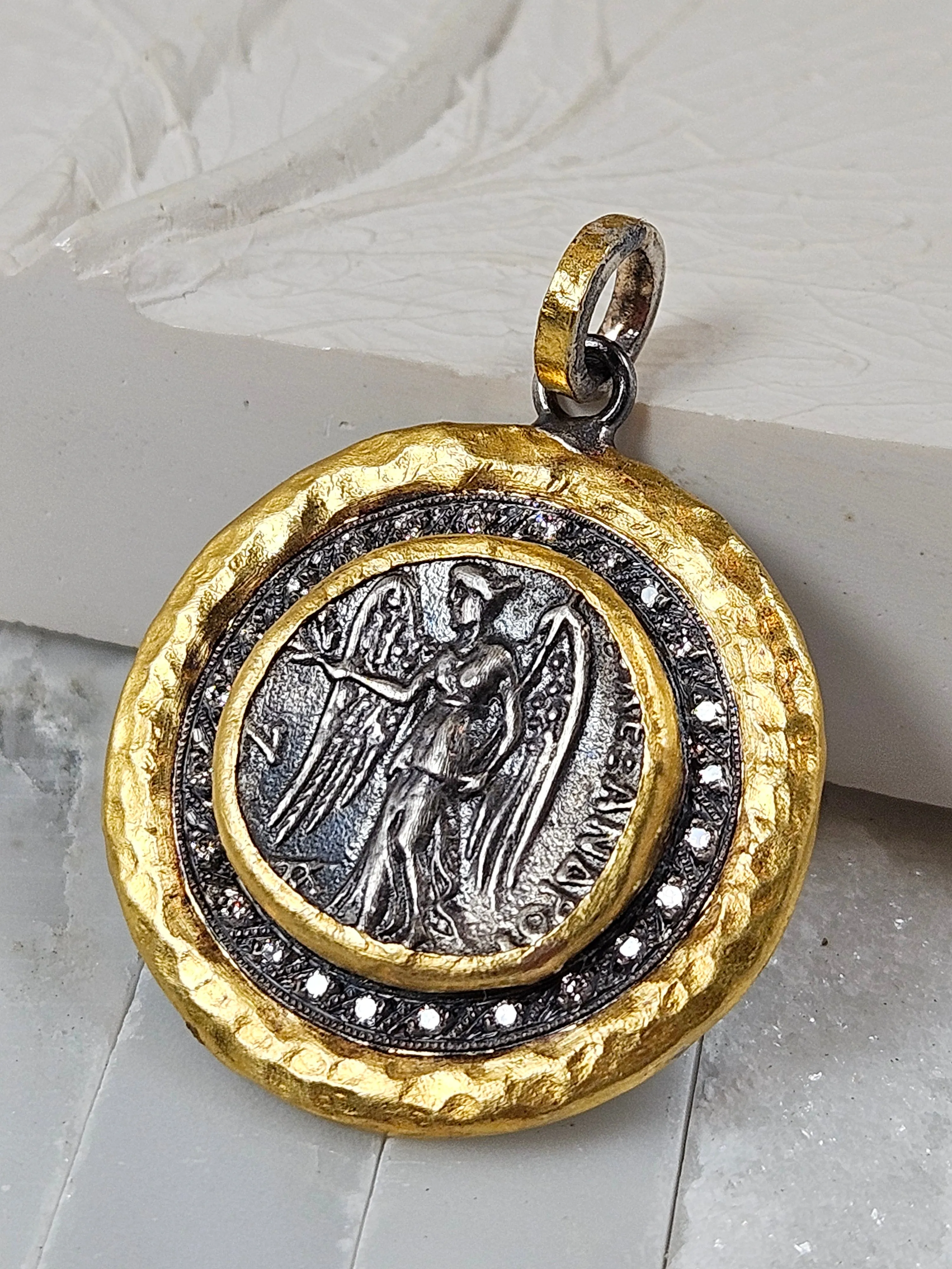 Ancient Coin Nike Deity Replica Diamond Sterling Silver 24K Yellow Gold Large Pendant