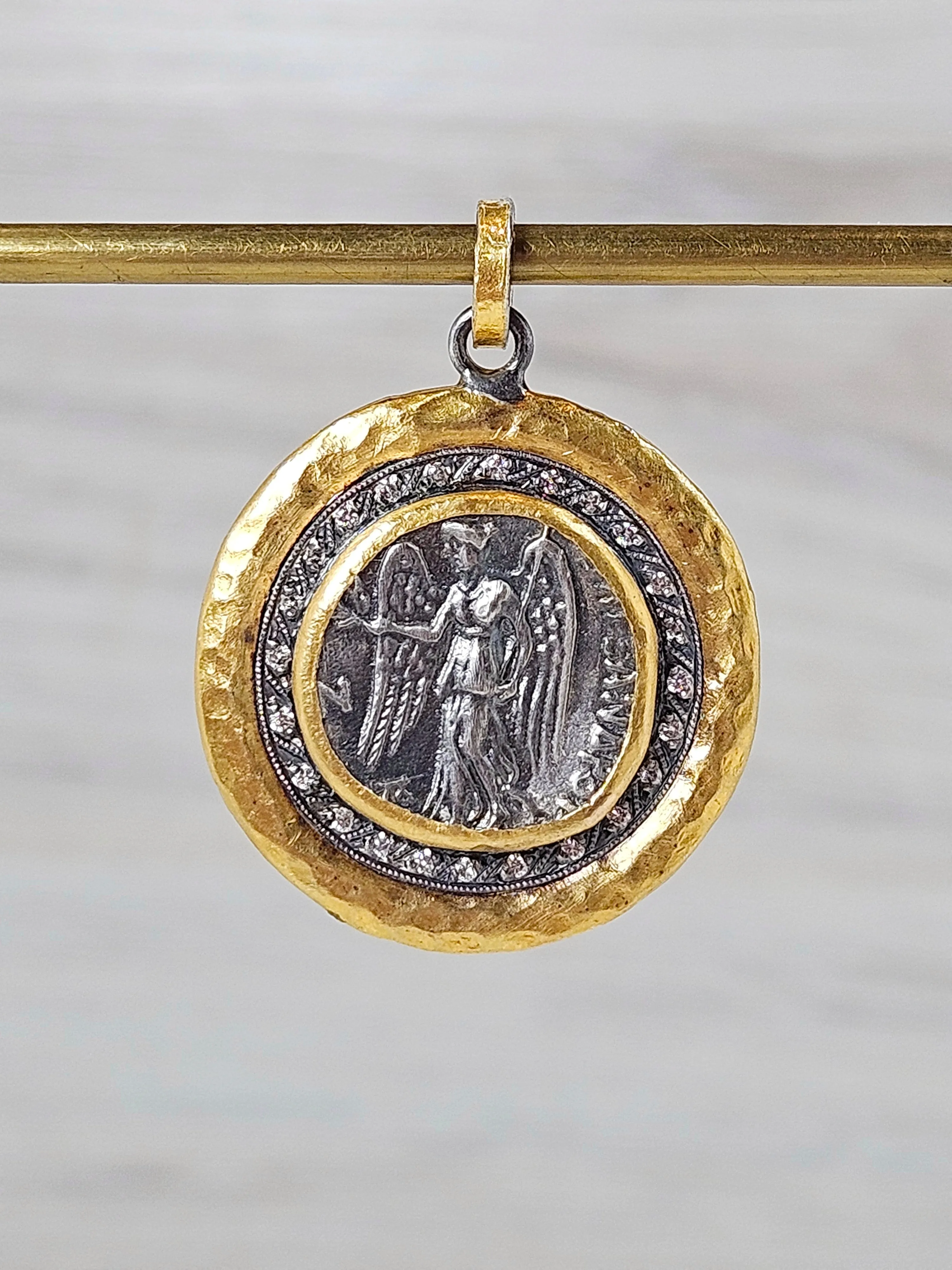 Ancient Coin Nike Deity Replica Diamond Sterling Silver 24K Yellow Gold Large Pendant