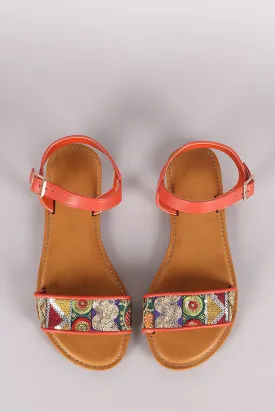 Bamboo Embroidered Sequin Ankle Strap Flat Sandal