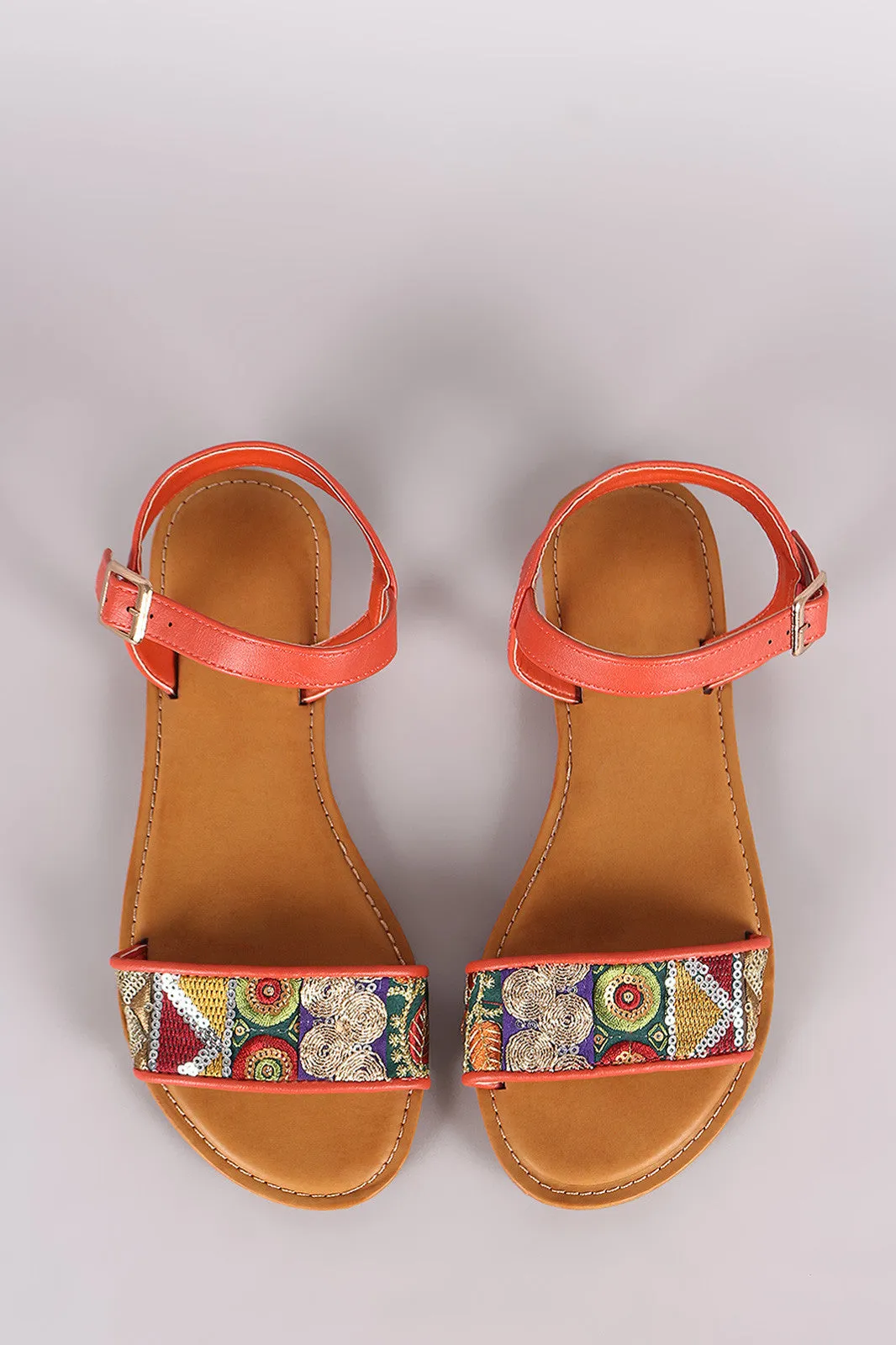 Bamboo Embroidered Sequin Ankle Strap Flat Sandal