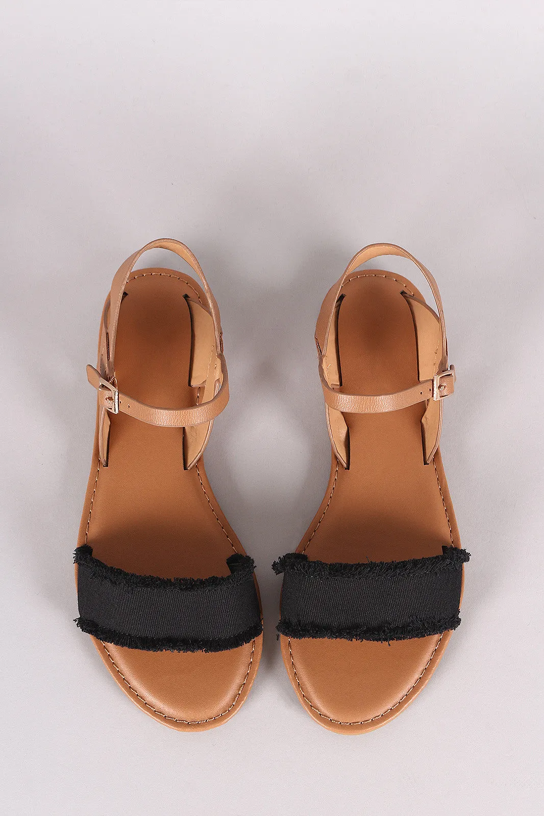 Bamboo Frayed Canvas Ankle Strap Flat Sandal