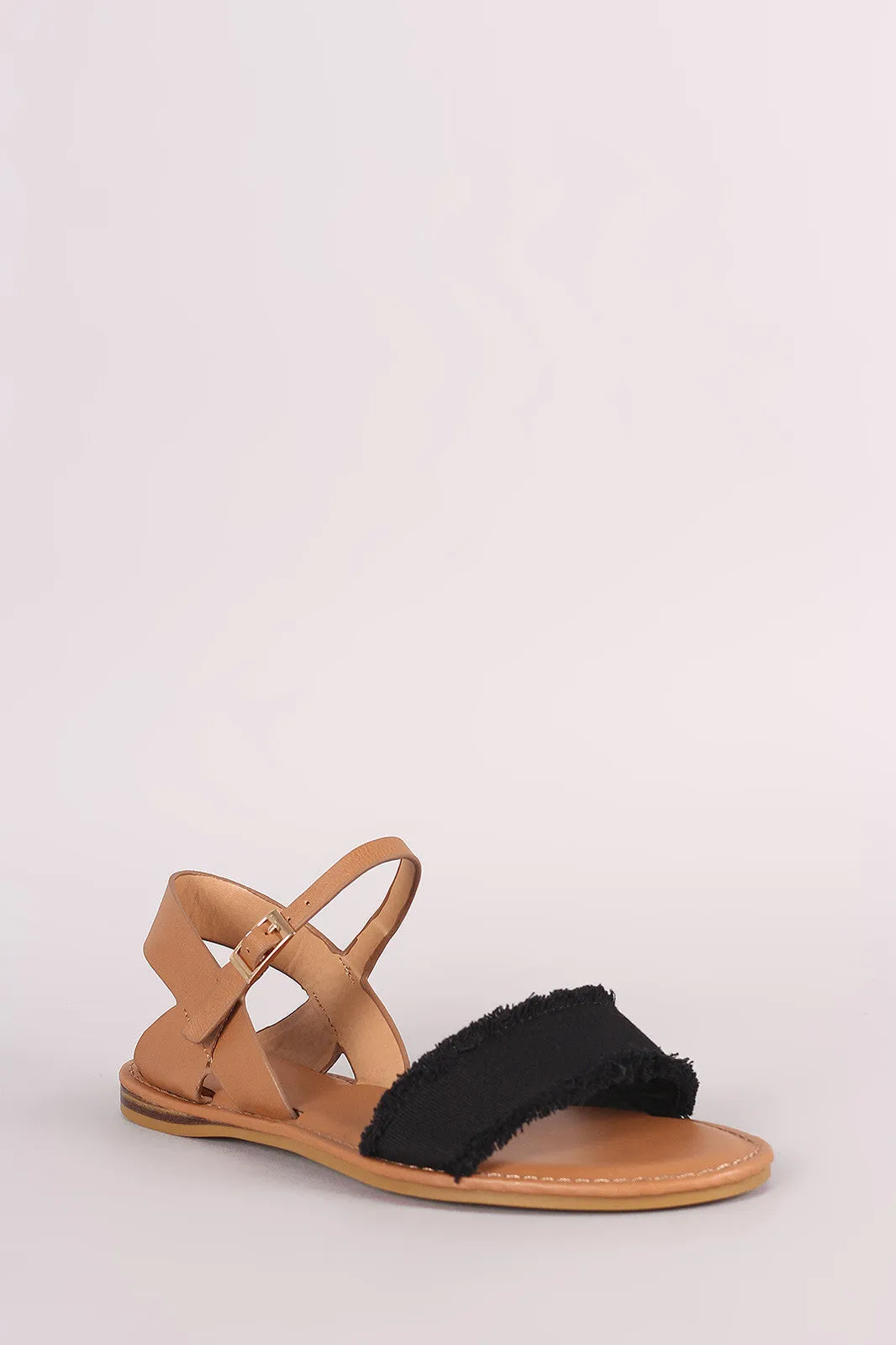 Bamboo Frayed Canvas Ankle Strap Flat Sandal