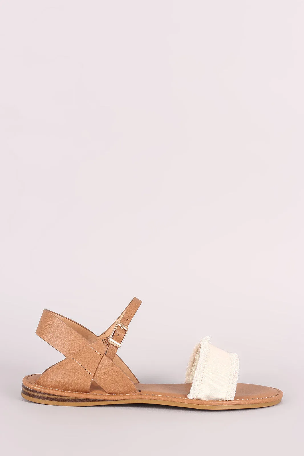 Bamboo Frayed Canvas Ankle Strap Flat Sandal