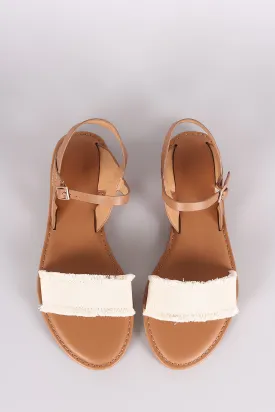 Bamboo Frayed Canvas Ankle Strap Flat Sandal