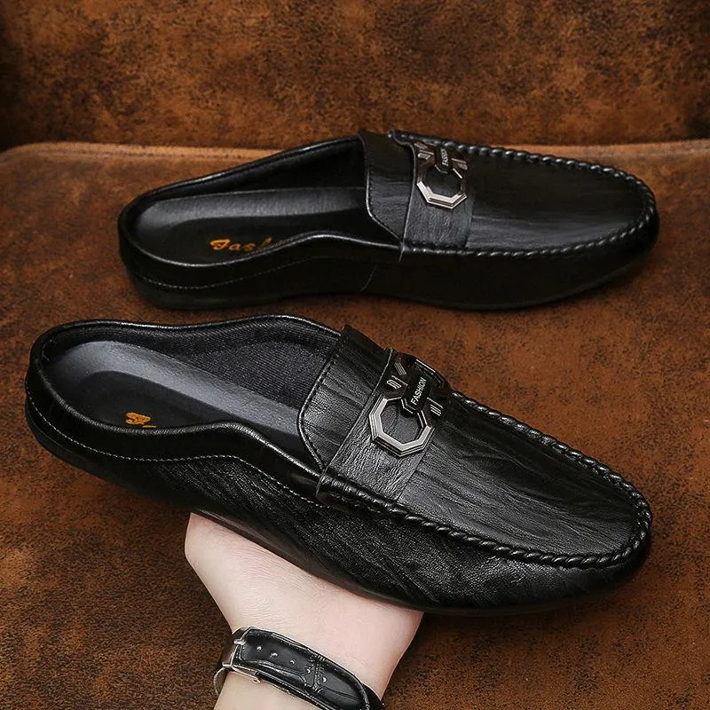 Half-wrapped Men's Loafers Slip-on Closed Toe Without Heel Leather Shoes