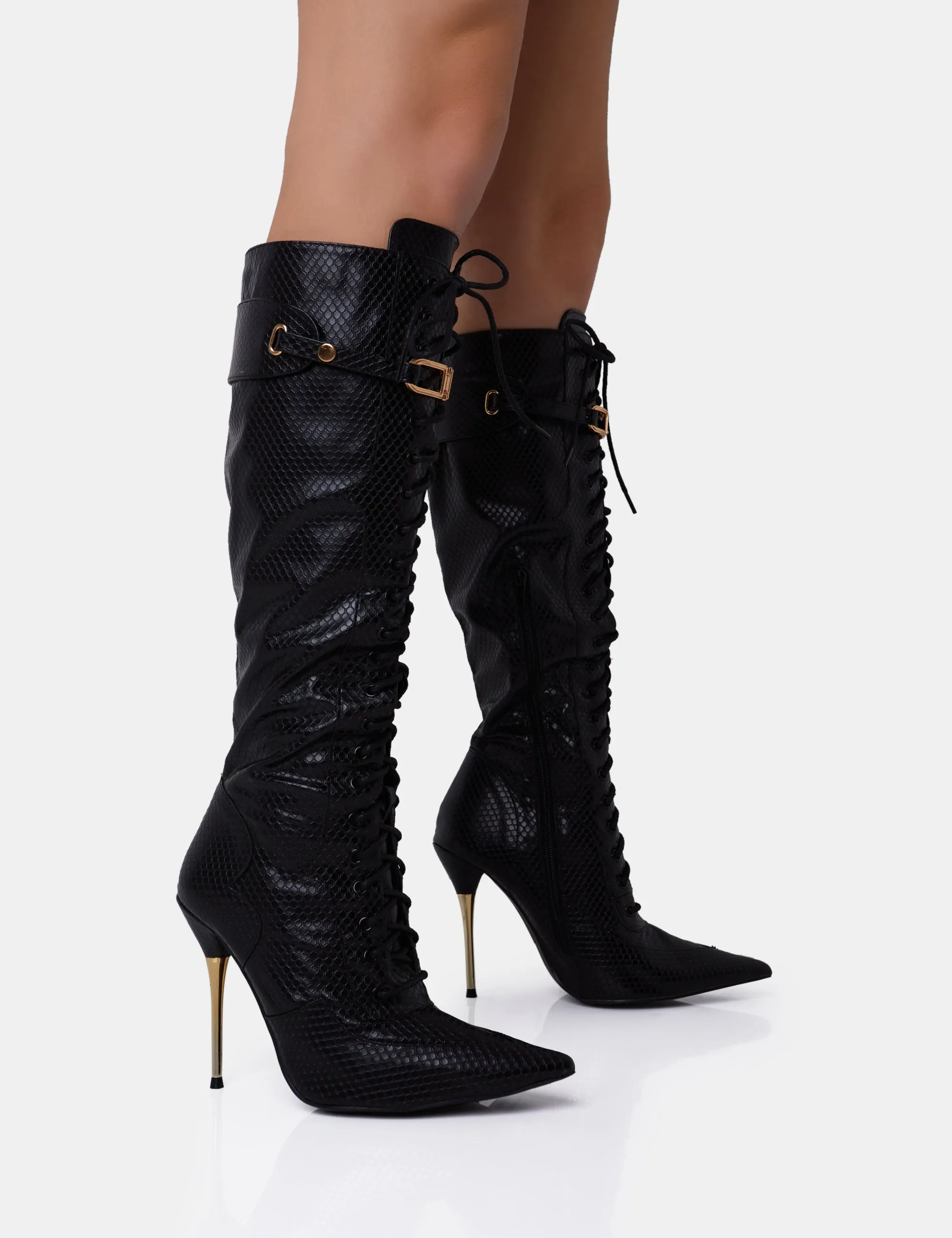 Infatuated Black Croc Lace Up Buckle Feature Stiletto Knee High Boots