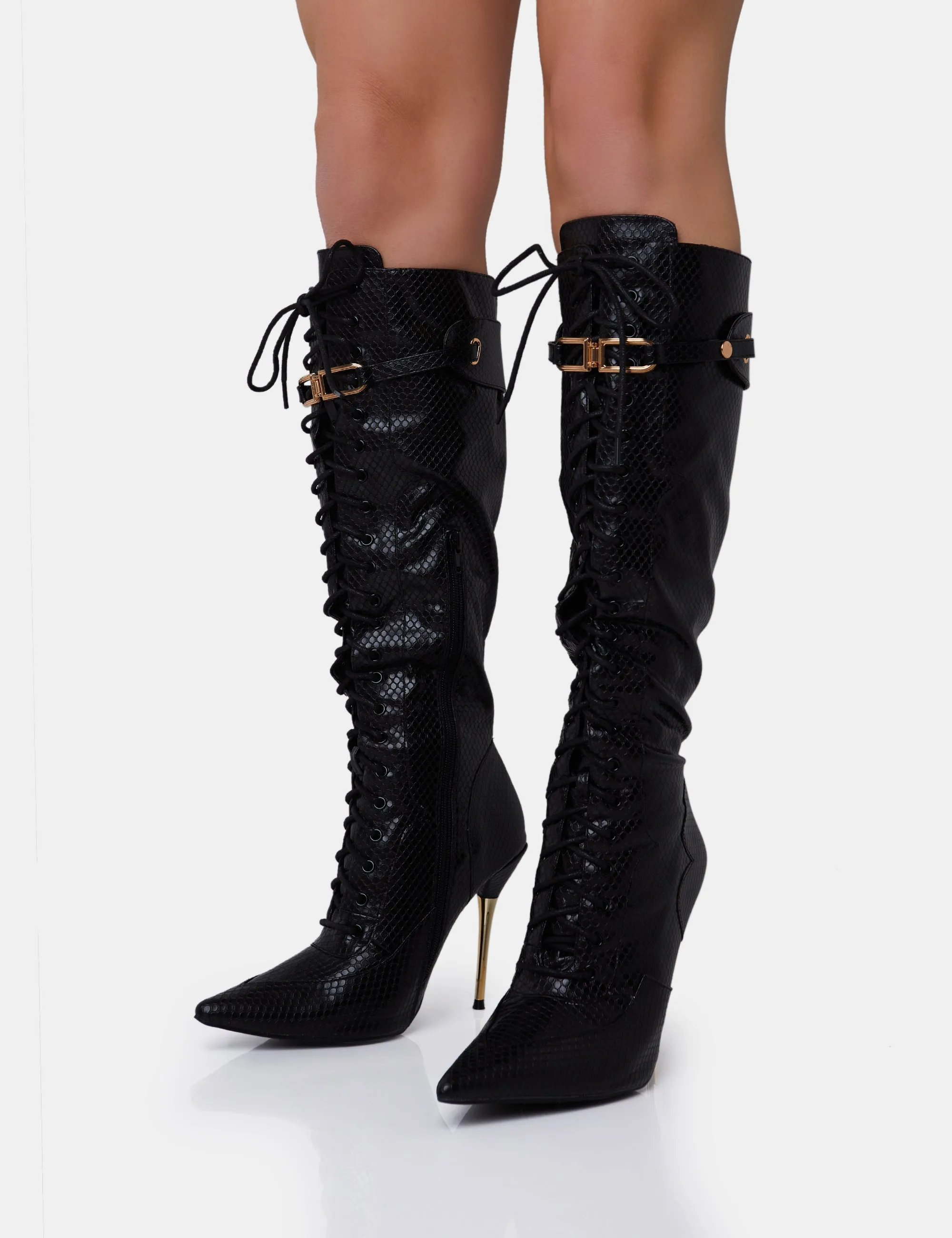 Infatuated Black Croc Lace Up Buckle Feature Stiletto Knee High Boots