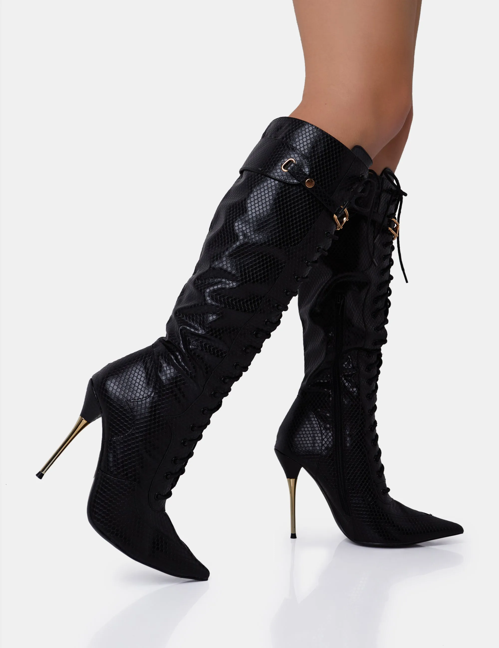 Infatuated Black Croc Lace Up Buckle Feature Stiletto Knee High Boots