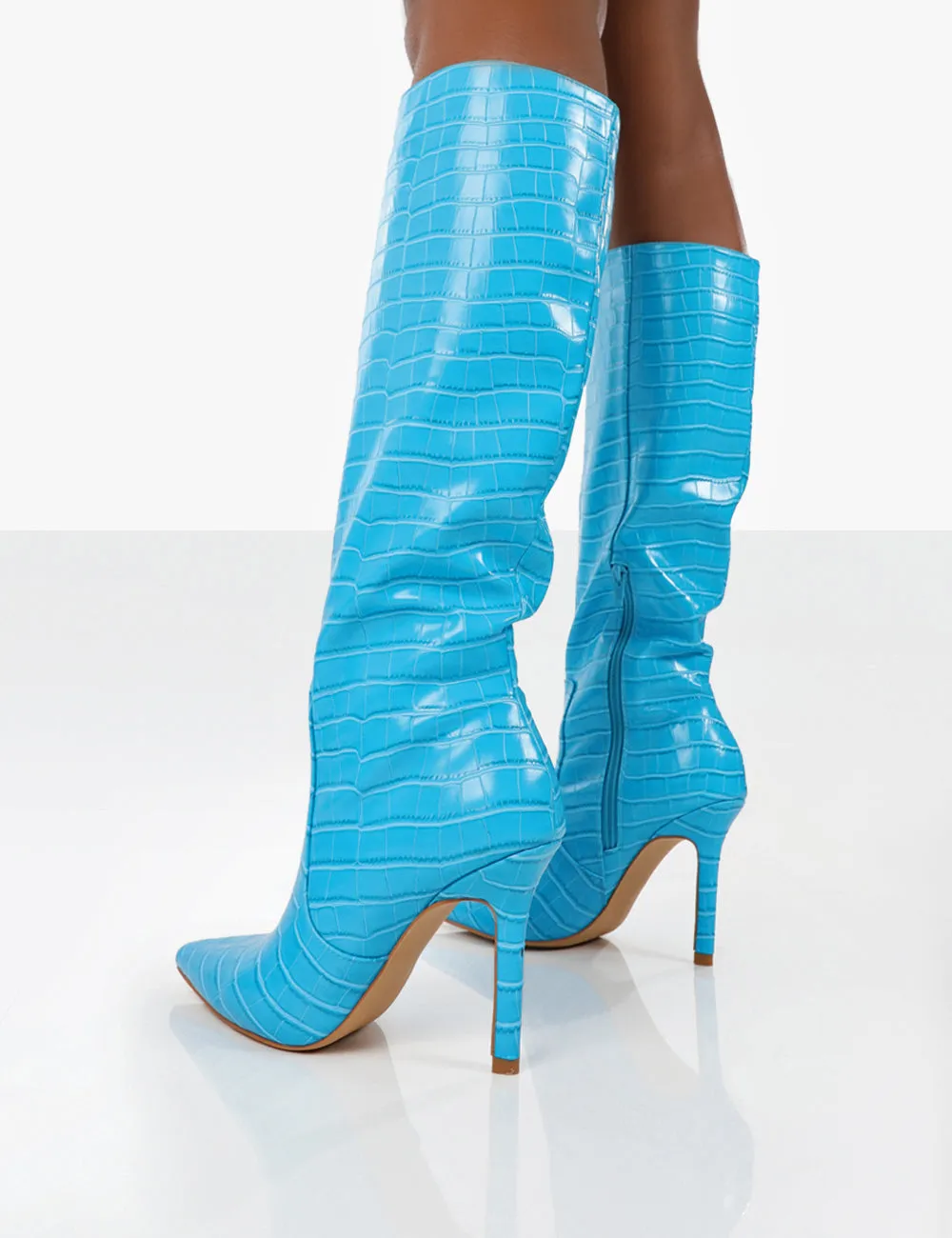 Kenza X Public Desire Rosalie Blue Croc Heeled Knee High Boots