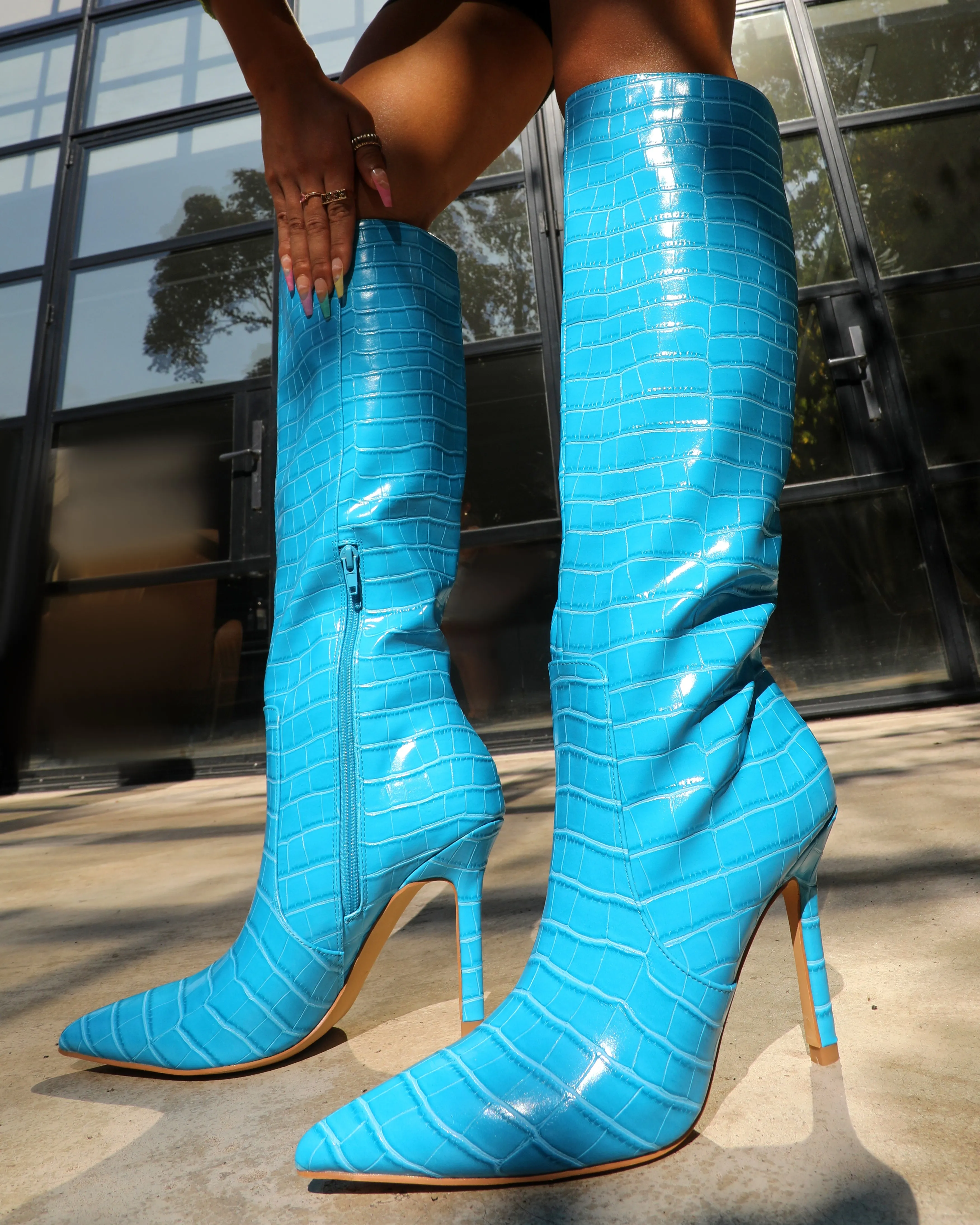 Kenza X Public Desire Rosalie Blue Croc Heeled Knee High Boots