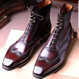 New Custom Made Unique Design Handmade Handcrafted Bespoke High Ankle Premium Quality Burgundy Leather Wingtip Lace Up Mens Premium Boot