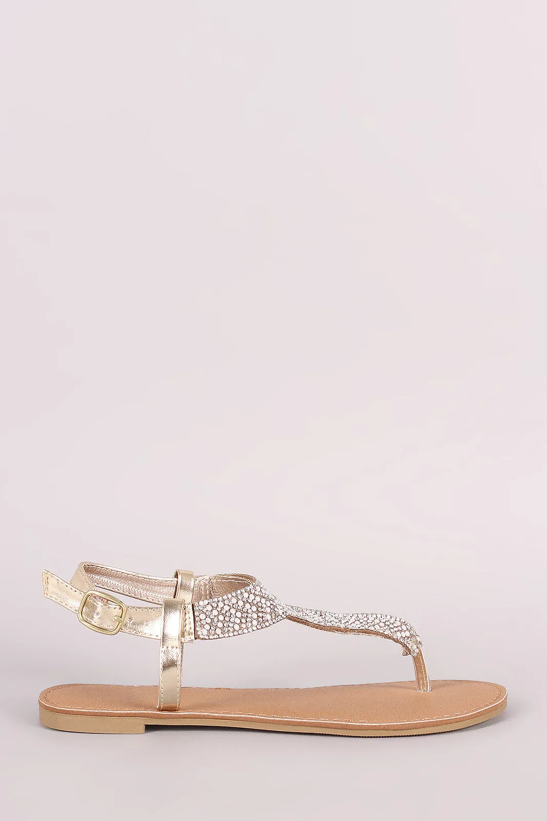 Qupid Rhinestone Embellished T-Strap Flat Sandal