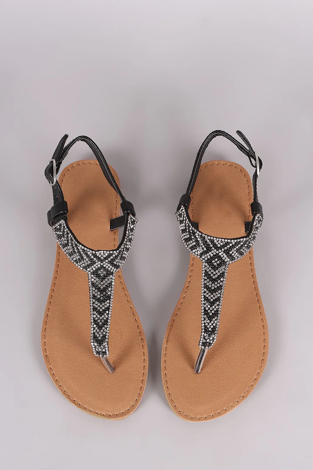 Qupid Rhinestone Embellished T-Strap Flat Sandal