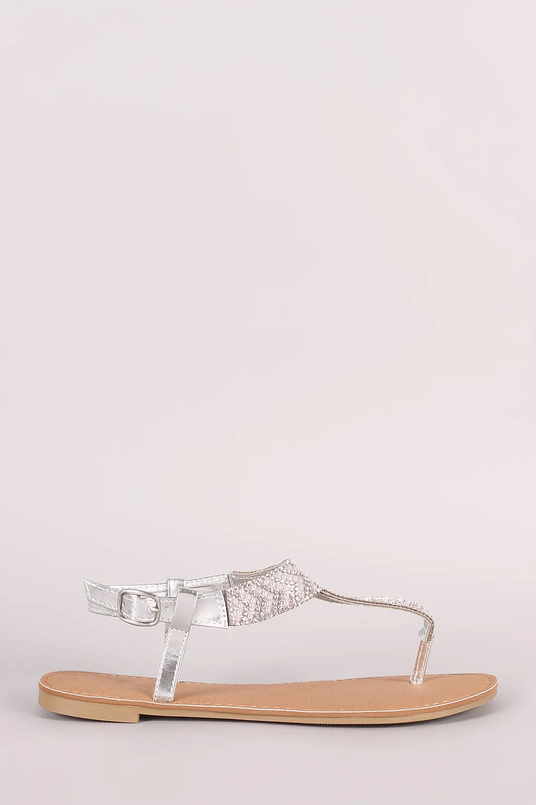 Qupid Rhinestone Embellished T-Strap Flat Sandal