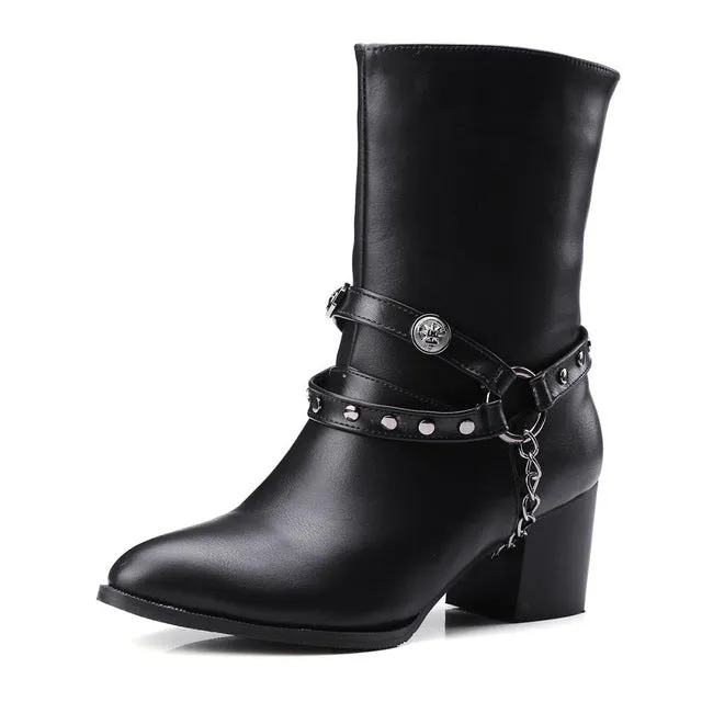 rivet belt western Boots Woman mid-calf Boots