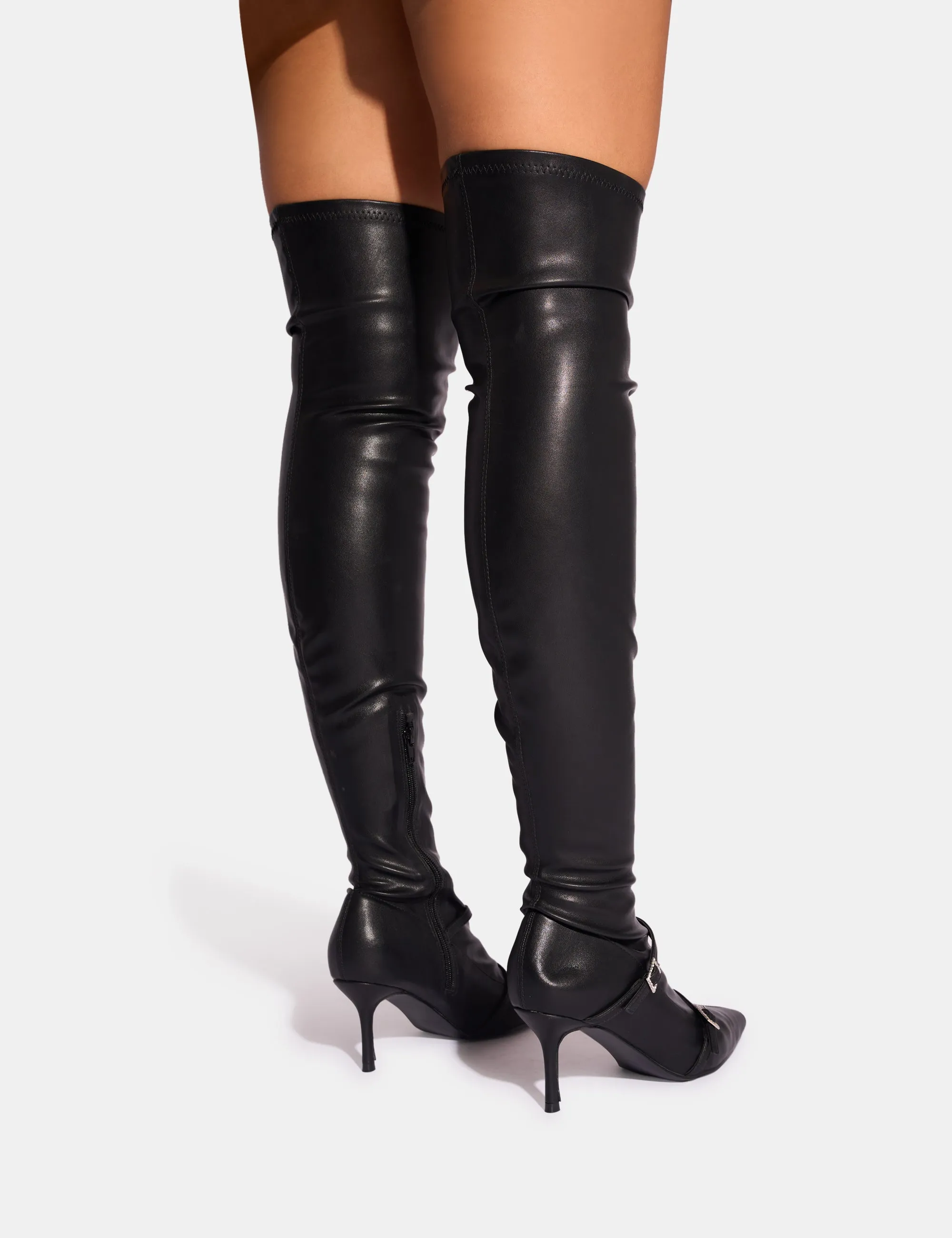 Roulette Black Pointed Toe Diamante Buckle Mid Heel Over The Knee Sock Boots