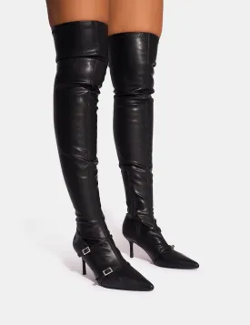 Roulette Black Pointed Toe Diamante Buckle Mid Heel Over The Knee Sock Boots