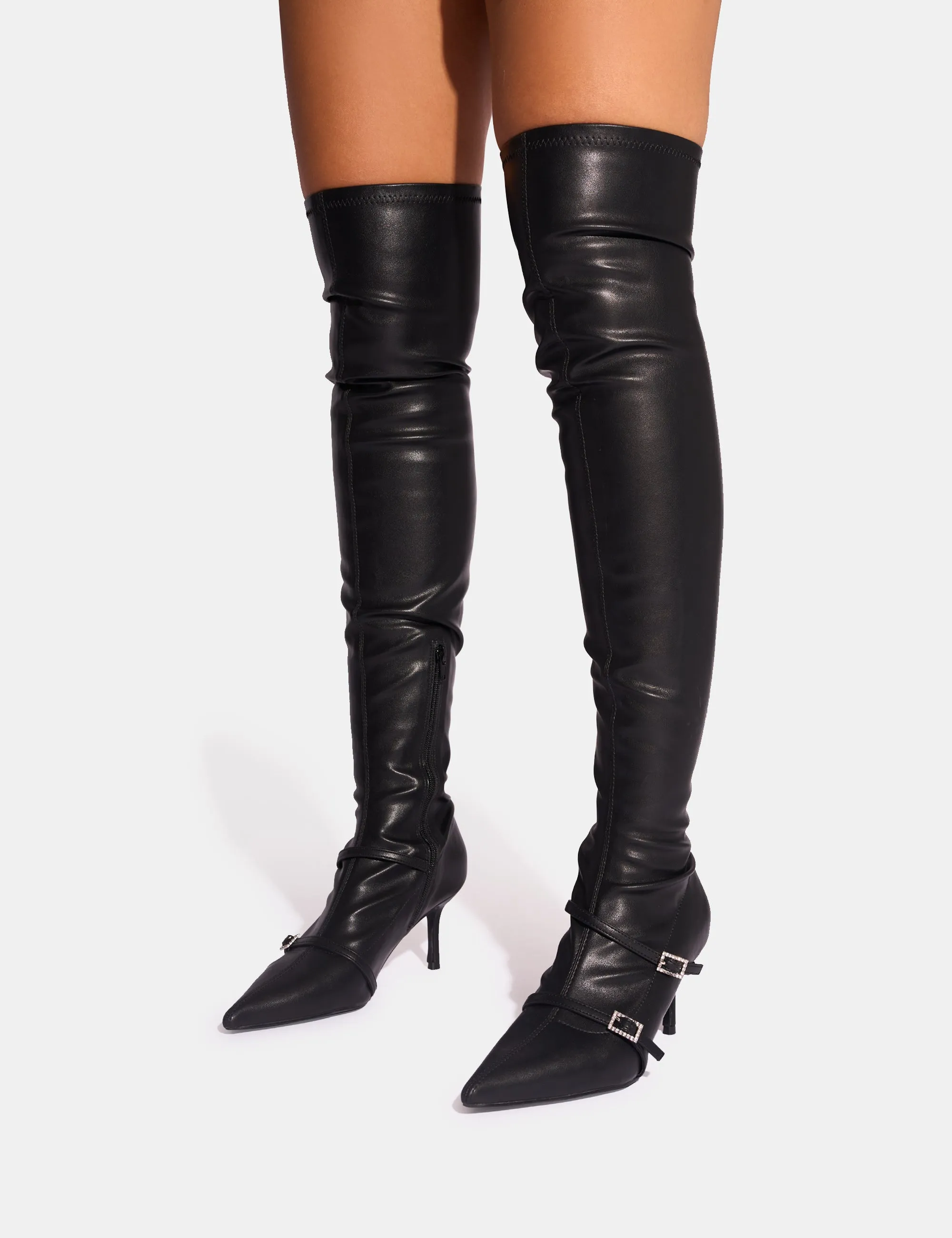 Roulette Black Pointed Toe Diamante Buckle Mid Heel Over The Knee Sock Boots