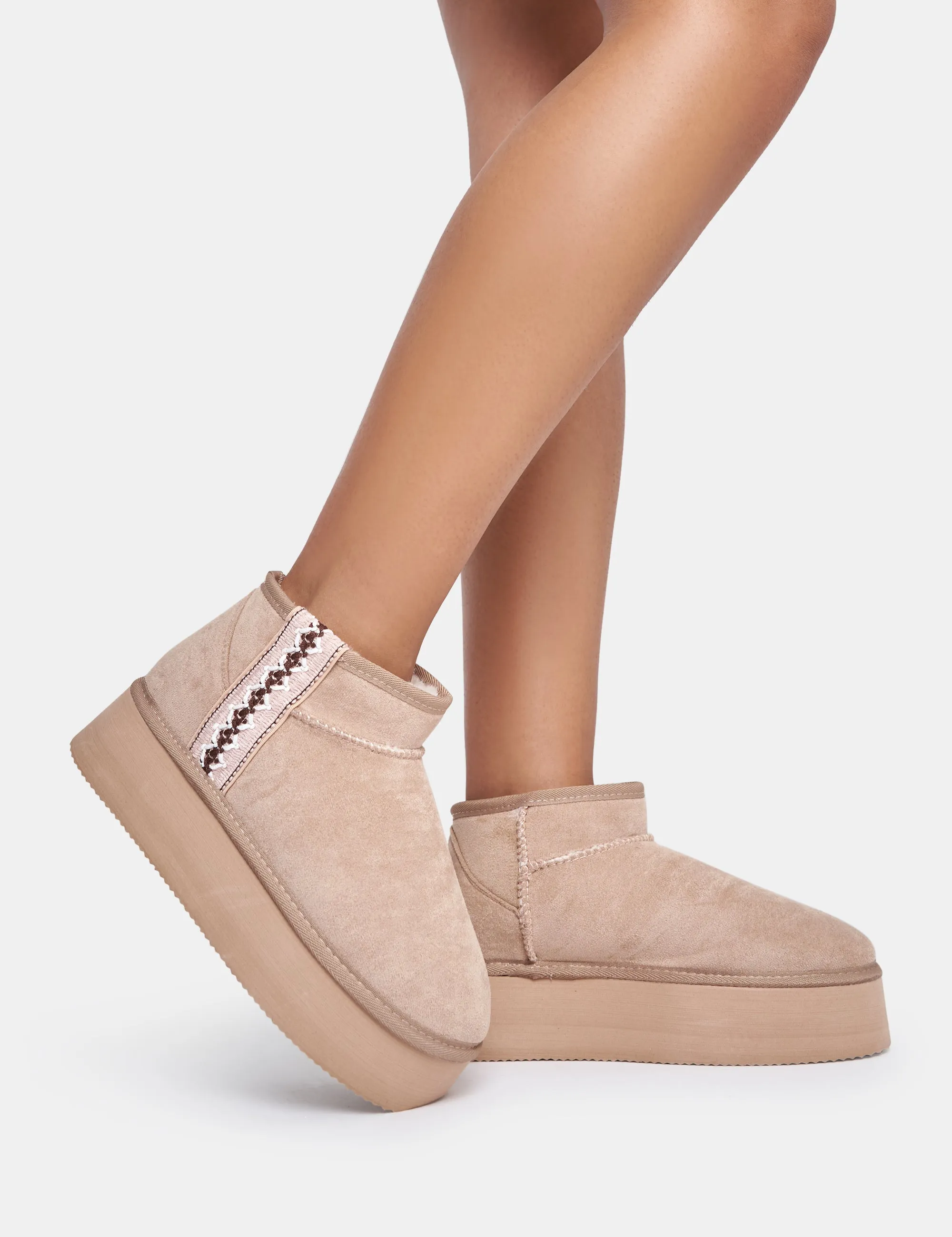 Snowfall Light Beige Faux Suede Aztec Trim Mini Ankle Platform Boots