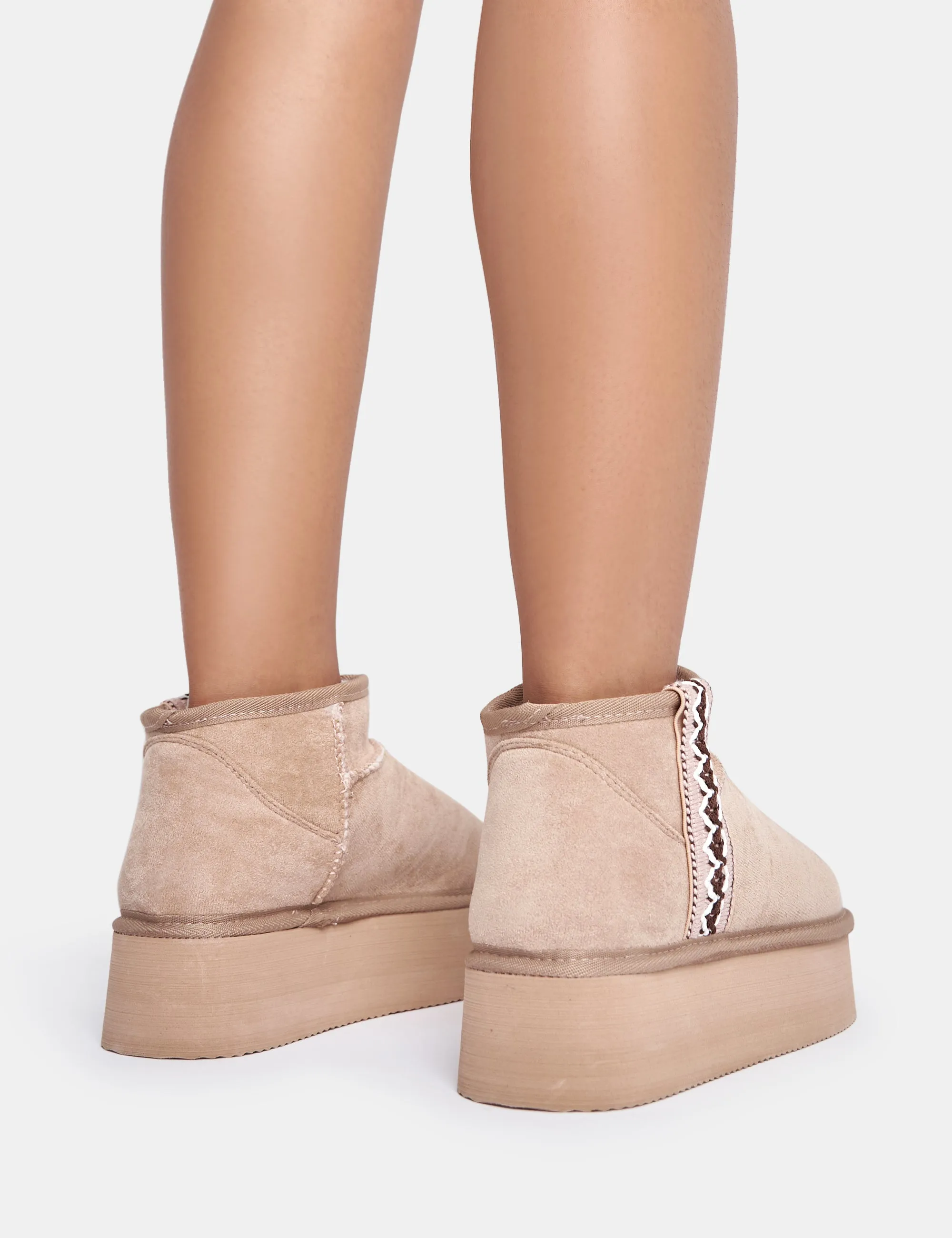 Snowfall Light Beige Faux Suede Aztec Trim Mini Ankle Platform Boots