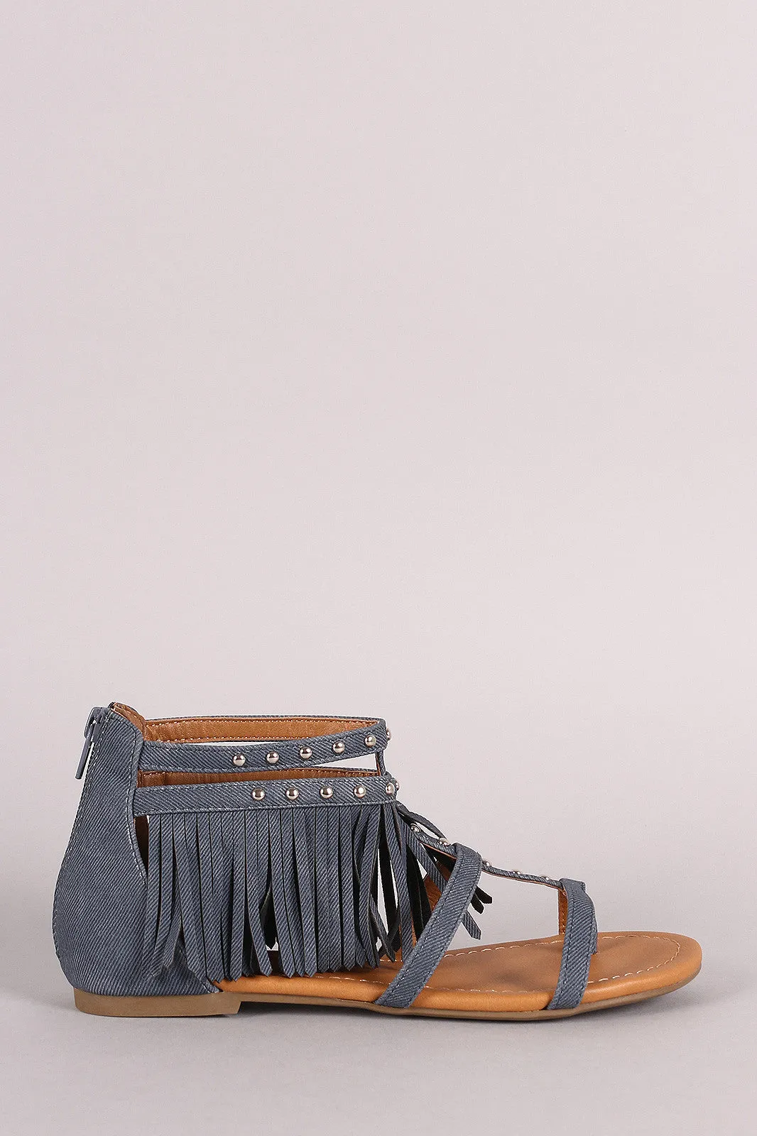 Soda Denim Studded Fringe Cuff Thong Flat Sandal