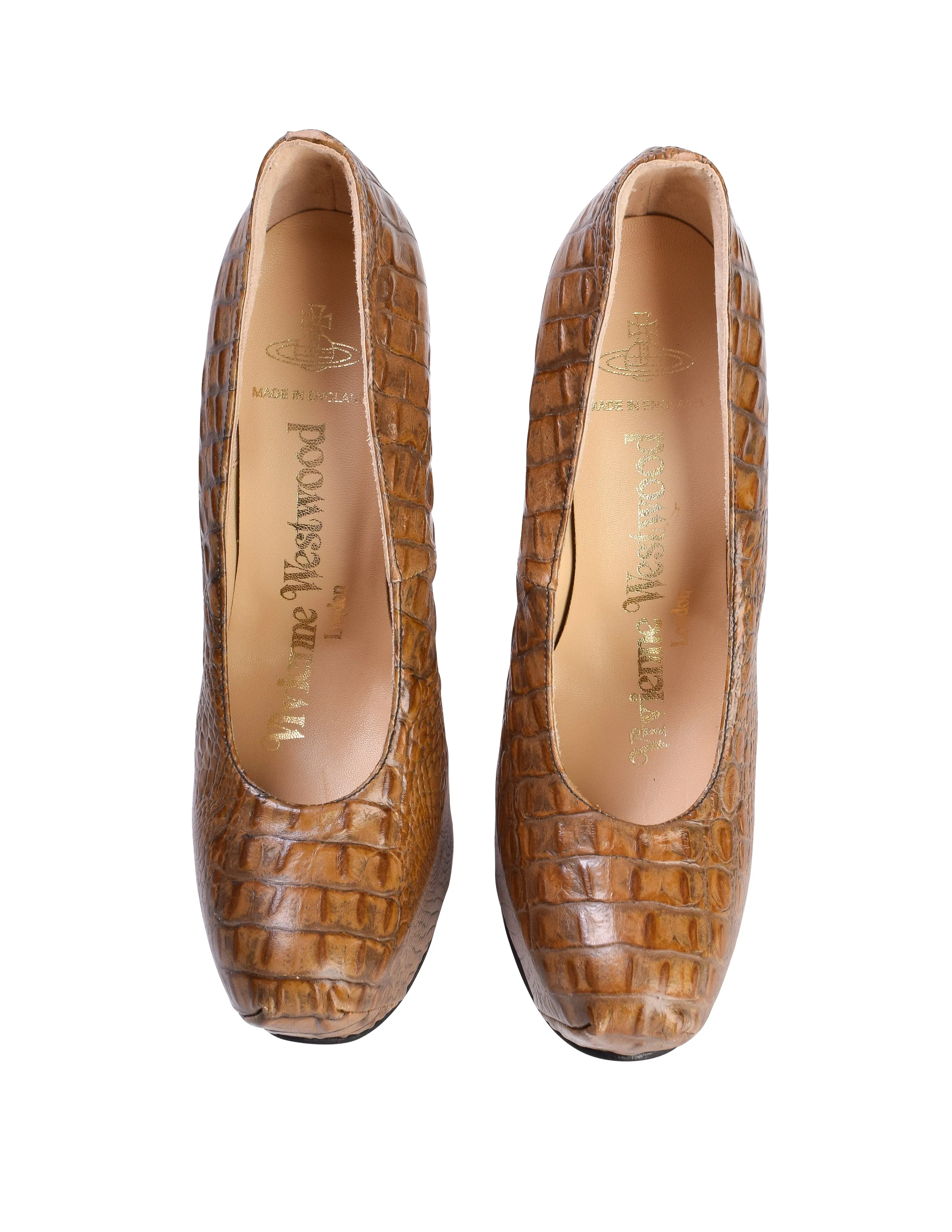 Vivienne Westwood Vintage 1990s Original Greenish-Brown Croc Embossed Leather Elevated Court Shoes